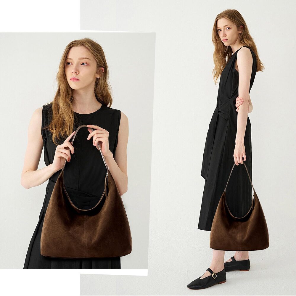 9625 Suede Cresent Tote, Slouchy Hobo Bag Vegan Leather Medium Zipper - Picture 5 of 7